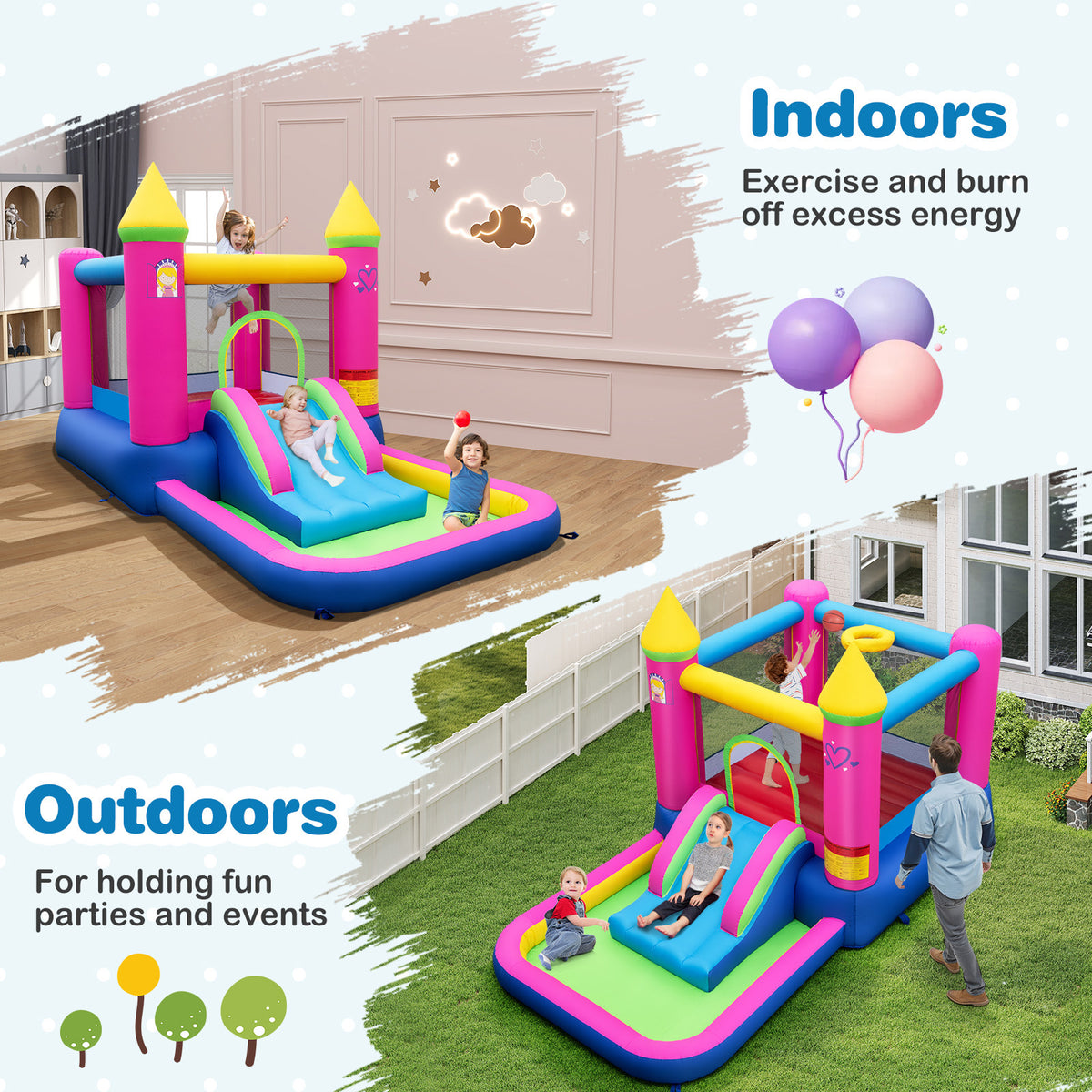 Inflatable Bounce House, 4-in-1 Kids Princess-themed Bouncer w/ Slide