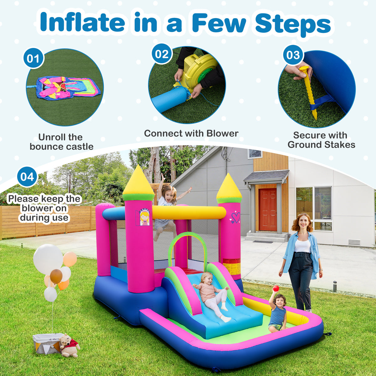 Inflatable Bounce House, 4-in-1 Kids Princess-themed Bouncer w/ Slide