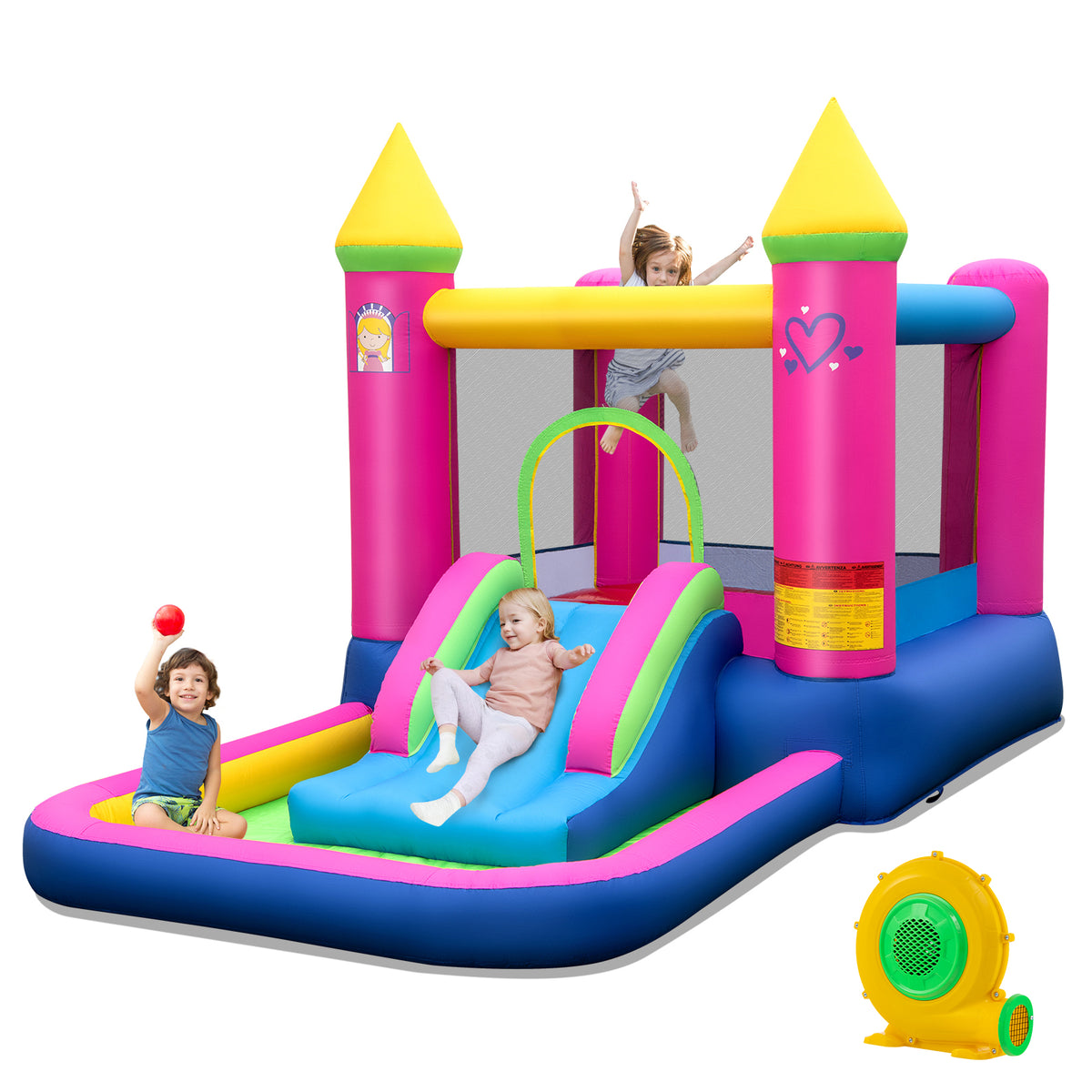 Inflatable Bounce House, 4-in-1 Kids Princess-themed Bouncer w/ Slide