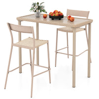 3 Pieces Patio Bar Table Set, Outdoor Bar Height Table & 2 Armless Chairs w/ Rattan Seat