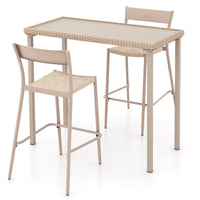 3 Pieces Patio Bar Table Set, Outdoor Bar Height Table & 2 Armless Chairs w/ Rattan Seat