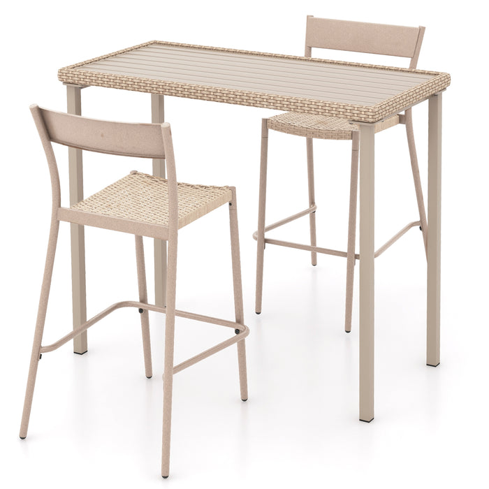 3 Pieces Patio Bar Table Set, Outdoor Bar Height Table & 2 Armless Chairs w/ Rattan Seat