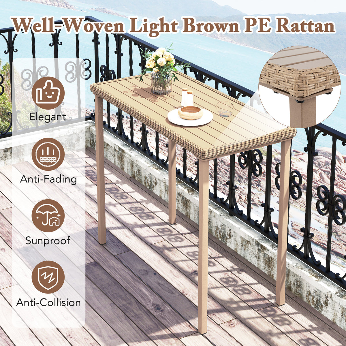 3 Pieces Patio Bar Table Set, Outdoor Bar Height Table & 2 Armless Chairs w/ Rattan Seat