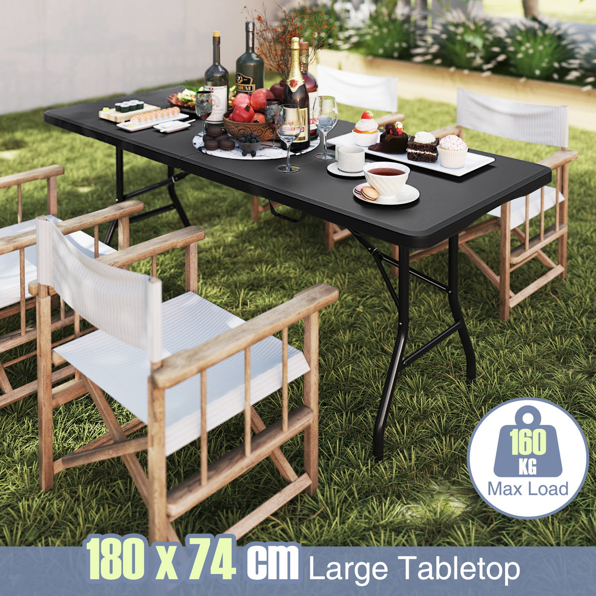 180cm Outdoor Portable Folding Table, 160kg Fold-in-Half Table w/ HDPE Tabletop, Safe Lock Mechanism, Patio Folding Dining Table w/ Carrying Handle for Party, Picnic, Camping