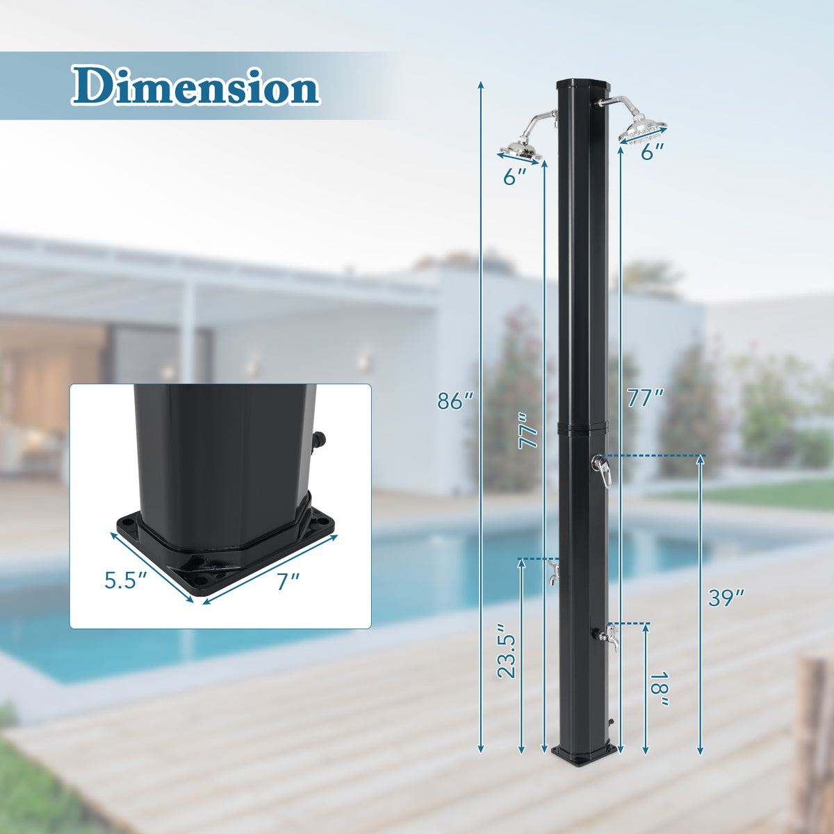 35 L Solar Heated Outdoor Shower w/ Dual Shower Heads, 2.2 M Outdoor Shower w/ 2 Swivel Shower Heads & 2 Foot Showers