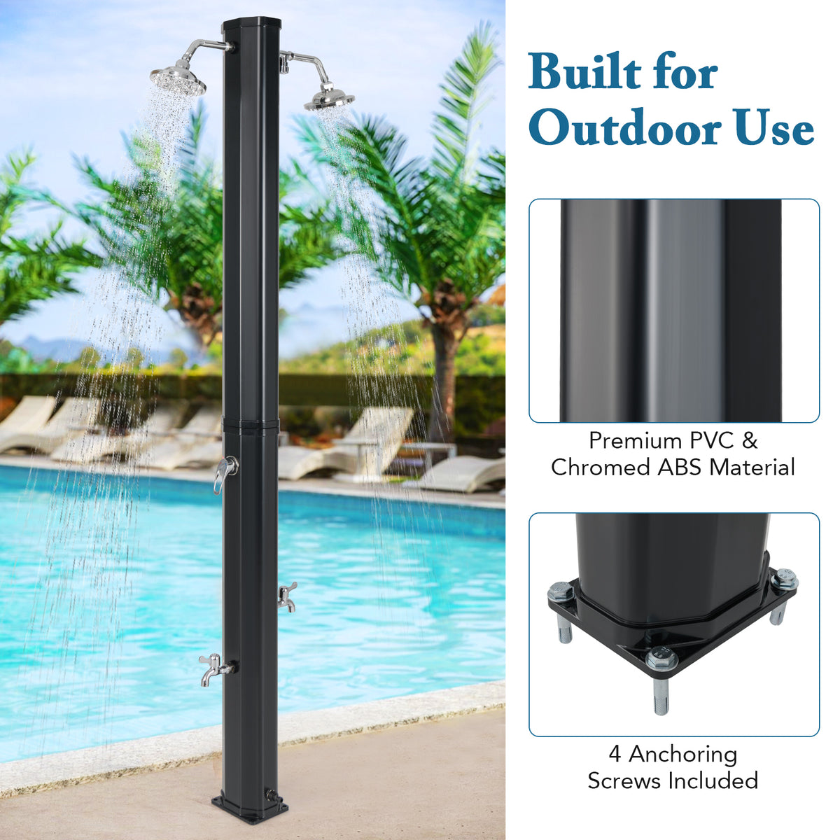 35 L Solar Heated Outdoor Shower w/ Dual Shower Heads, 2.2 M Outdoor Shower w/ 2 Swivel Shower Heads & 2 Foot Showers