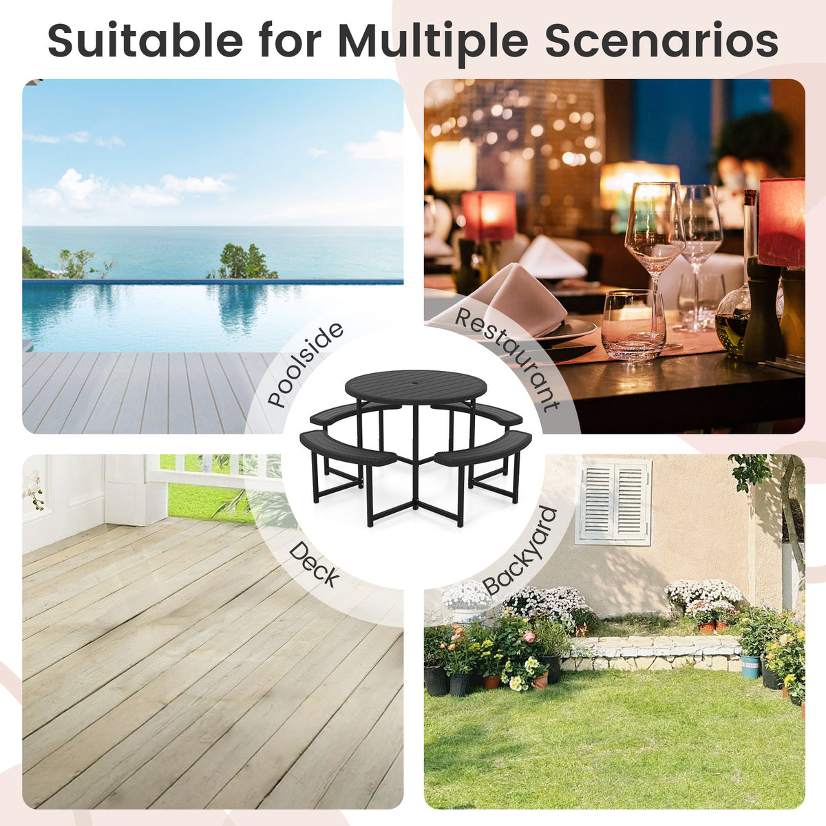 Round Picnic Table Bench Set, Outdoor Circular Picnic Table with 4 Benches