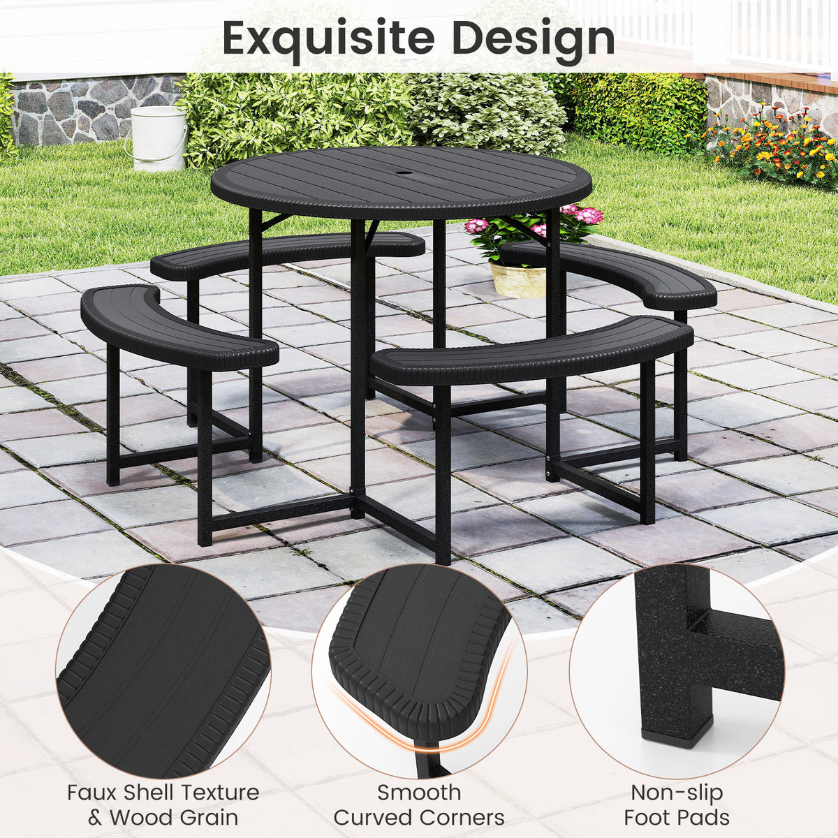 Round Picnic Table Bench Set, Outdoor Circular Picnic Table with 4 Benches
