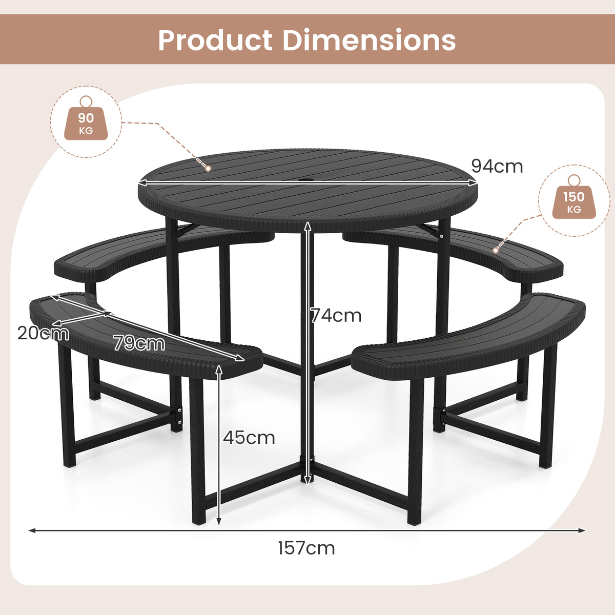 Round Picnic Table Bench Set, Outdoor Circular Picnic Table with 4 Benches