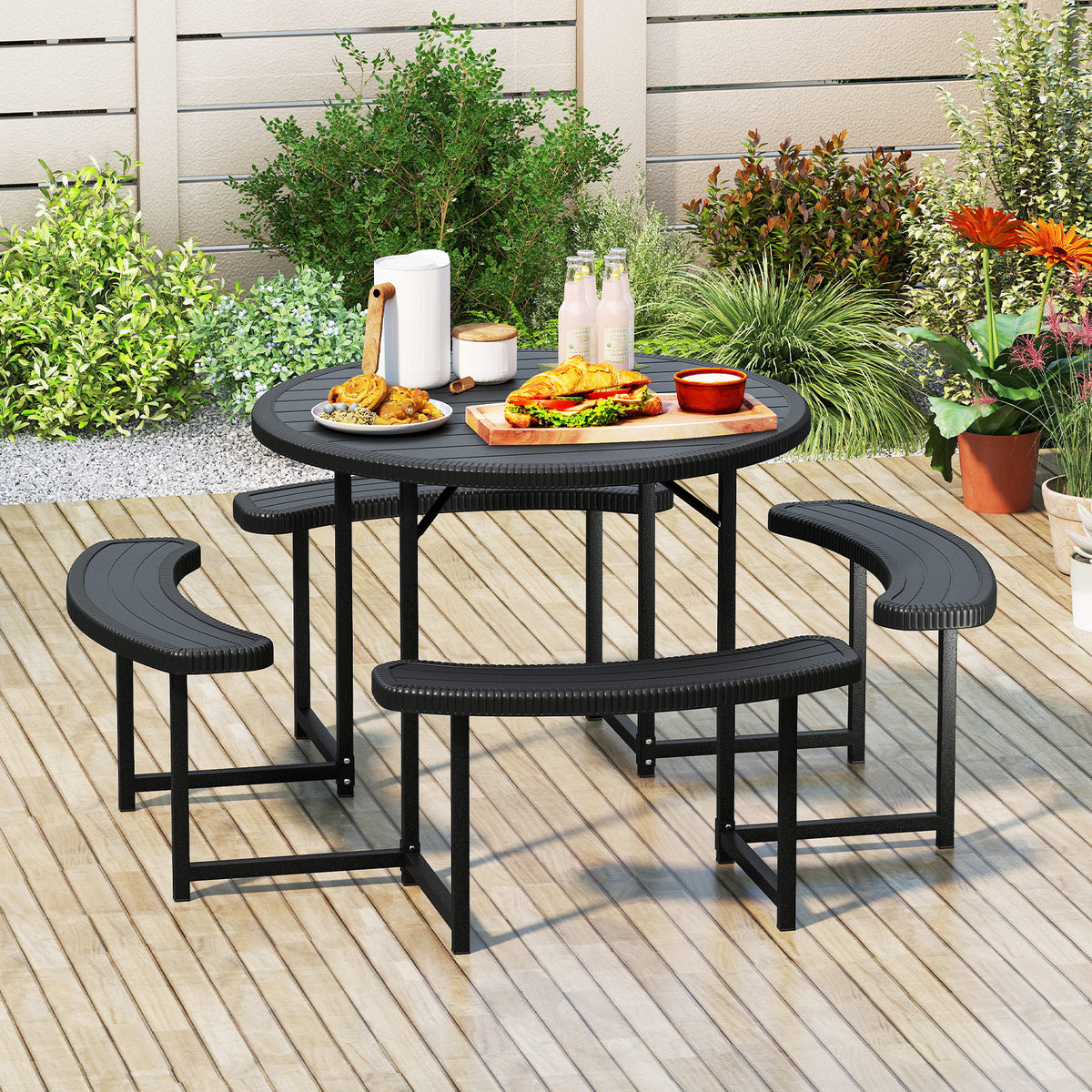 Round Picnic Table Bench Set, Outdoor Circular Picnic Table with 4 Benches