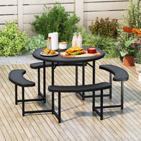 Round Picnic Table Bench Set, Outdoor Circular Picnic Table with 4 Benches