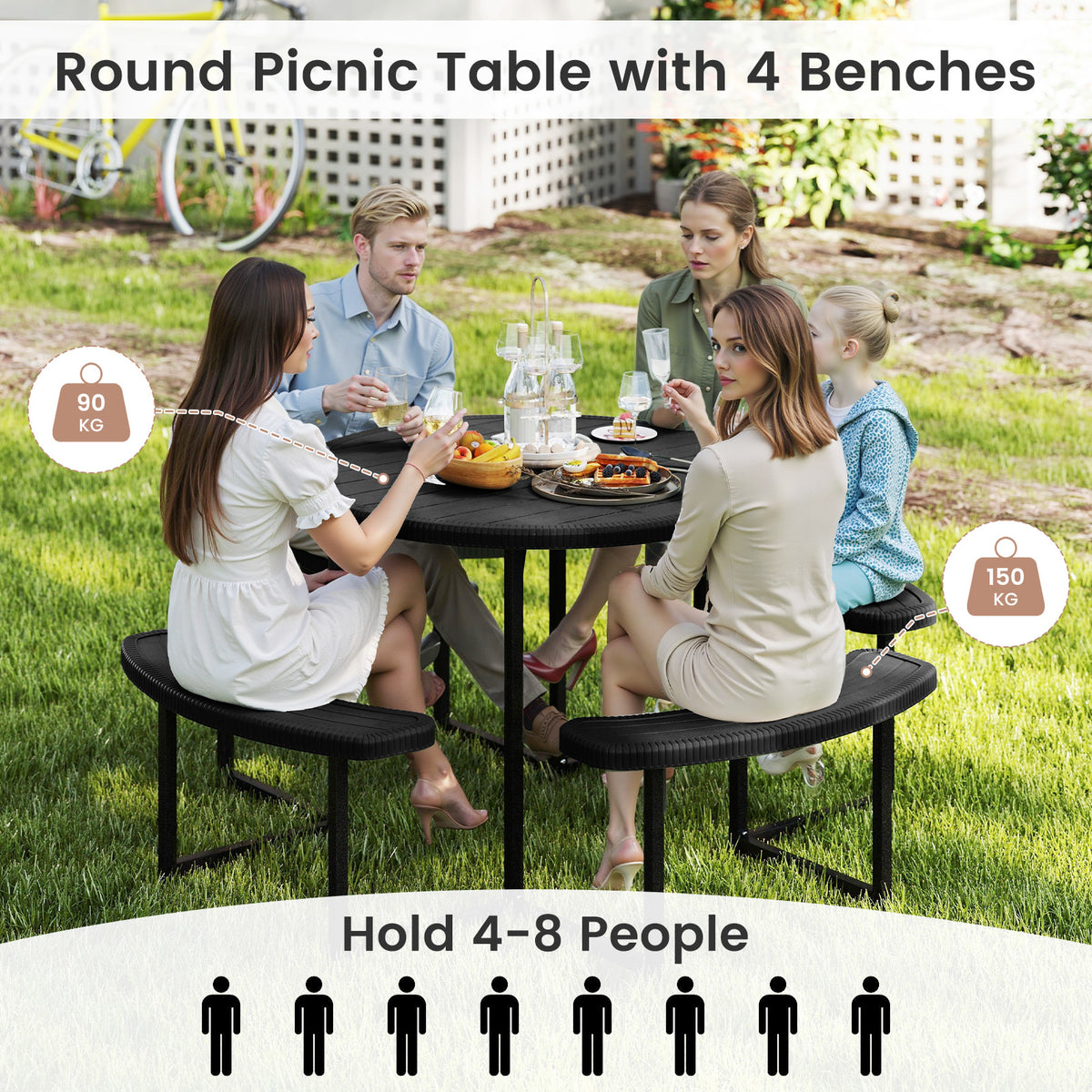 Round Picnic Table Bench Set, Outdoor Circular Picnic Table with 4 Benches