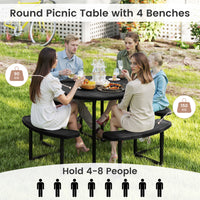 Round Picnic Table Bench Set, Outdoor Circular Picnic Table with 4 Benches