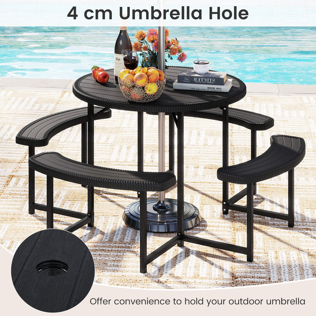 Round Picnic Table Bench Set, Outdoor Circular Picnic Table with 4 Benches