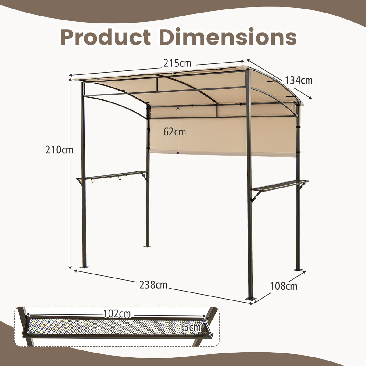 238 x 134 cm Grill Gazebo, Outdoor Patio BBQ Canopy w/ Steel Shelves