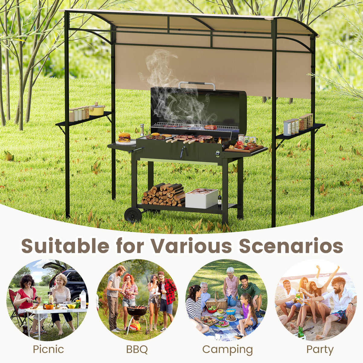 238 x 134 cm Grill Gazebo, Outdoor Patio BBQ Canopy w/ Steel Shelves