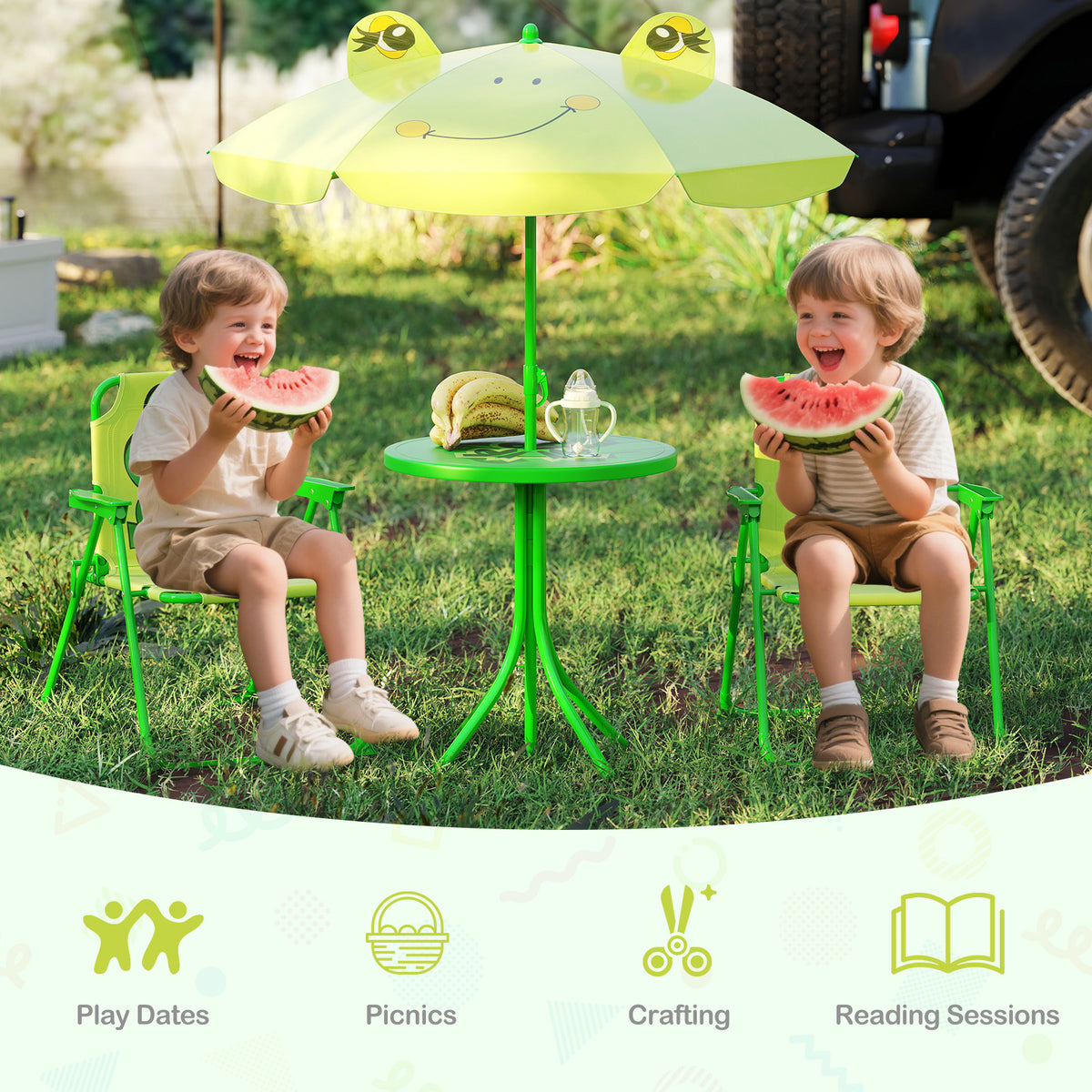 Toddler Outdoor Activity Table with 2 Folding Chairs & a Height Adjustable Umbrella