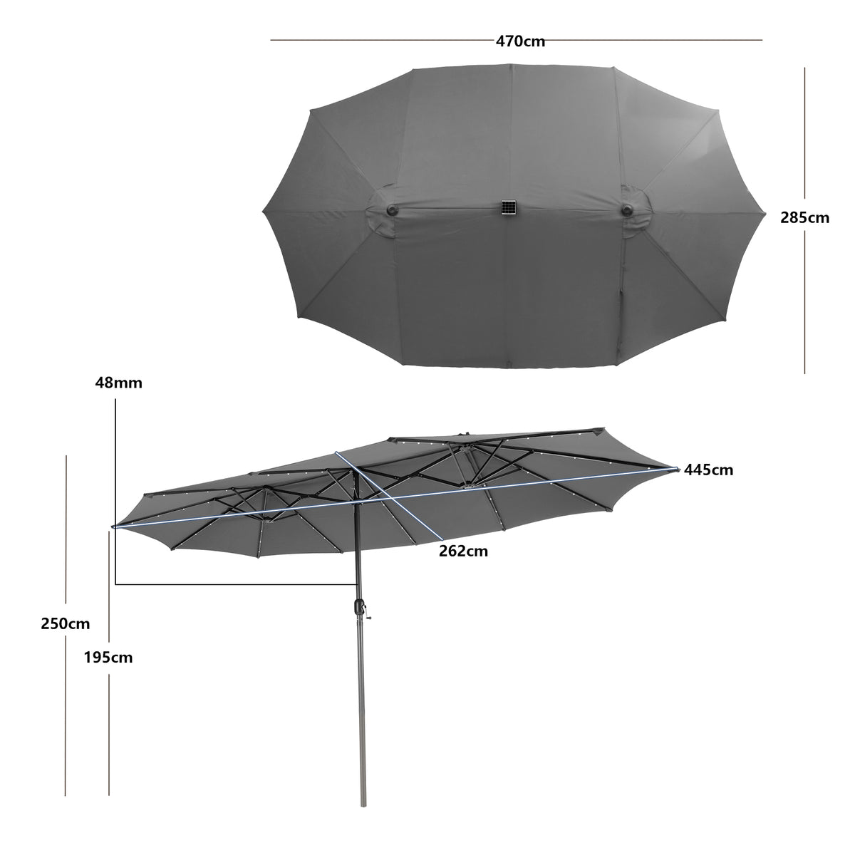 Twin Patio Umbrella 48 LED Lights Outdoor Double-Side Parasol Sun Shade Poolside