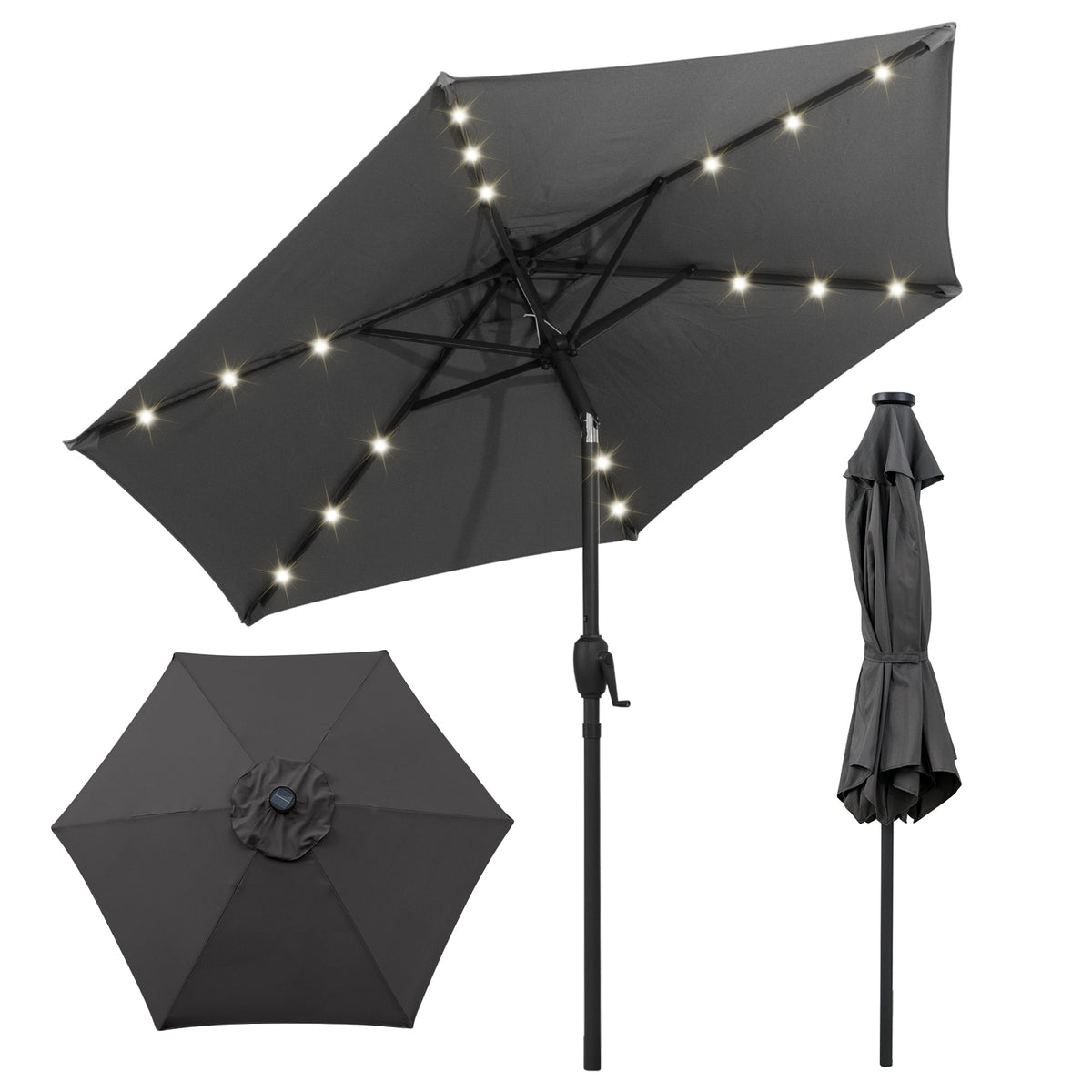 2.3M Solar Powered Patio Umbrella, Outdoor Heavy Duty Market Umbrella w/ LED Lights