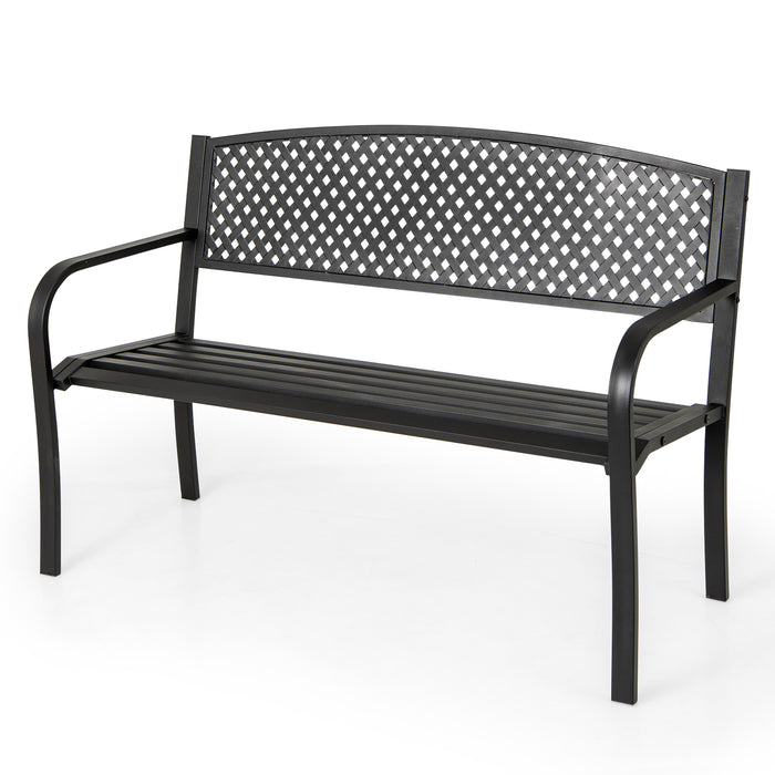 Outdoor Bench with Patterned Backrest and Curved Armrests