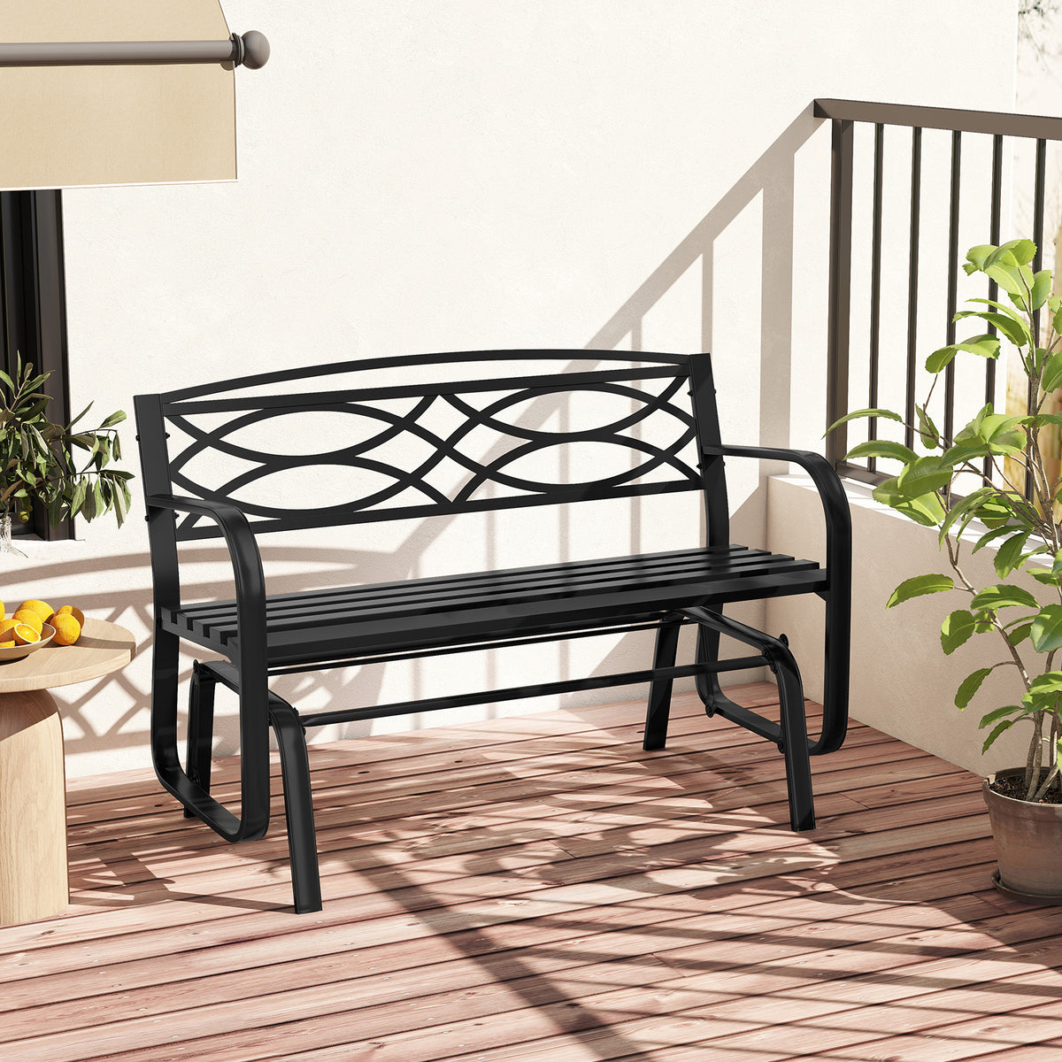 Patio Rocking Loveseat Chair with Metal Frame, Armrests, Geometric Backrest and Slatted Seat for Porch