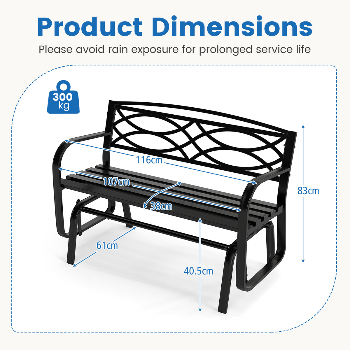 Patio Rocking Loveseat Chair with Metal Frame, Armrests, Geometric Backrest and Slatted Seat for Porch