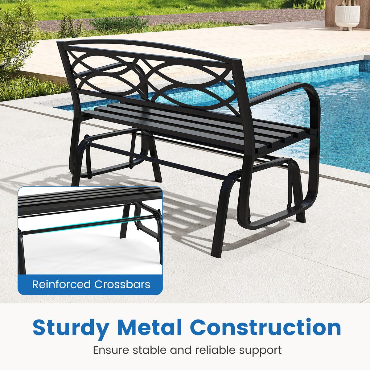 Patio Rocking Loveseat Chair with Metal Frame, Armrests, Geometric Backrest and Slatted Seat for Porch