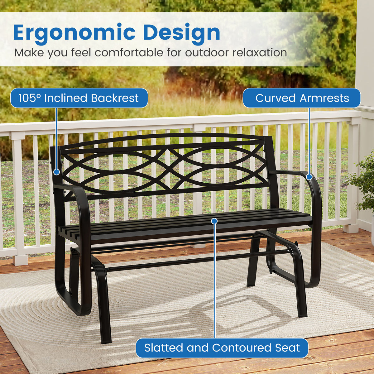 Patio Rocking Loveseat Chair with Metal Frame, Armrests, Geometric Backrest and Slatted Seat for Porch
