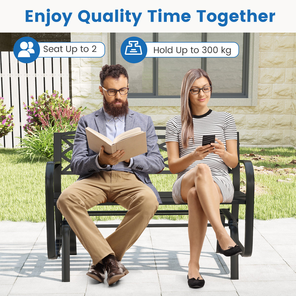 Patio Rocking Loveseat Chair with Metal Frame, Armrests, Geometric Backrest and Slatted Seat for Porch