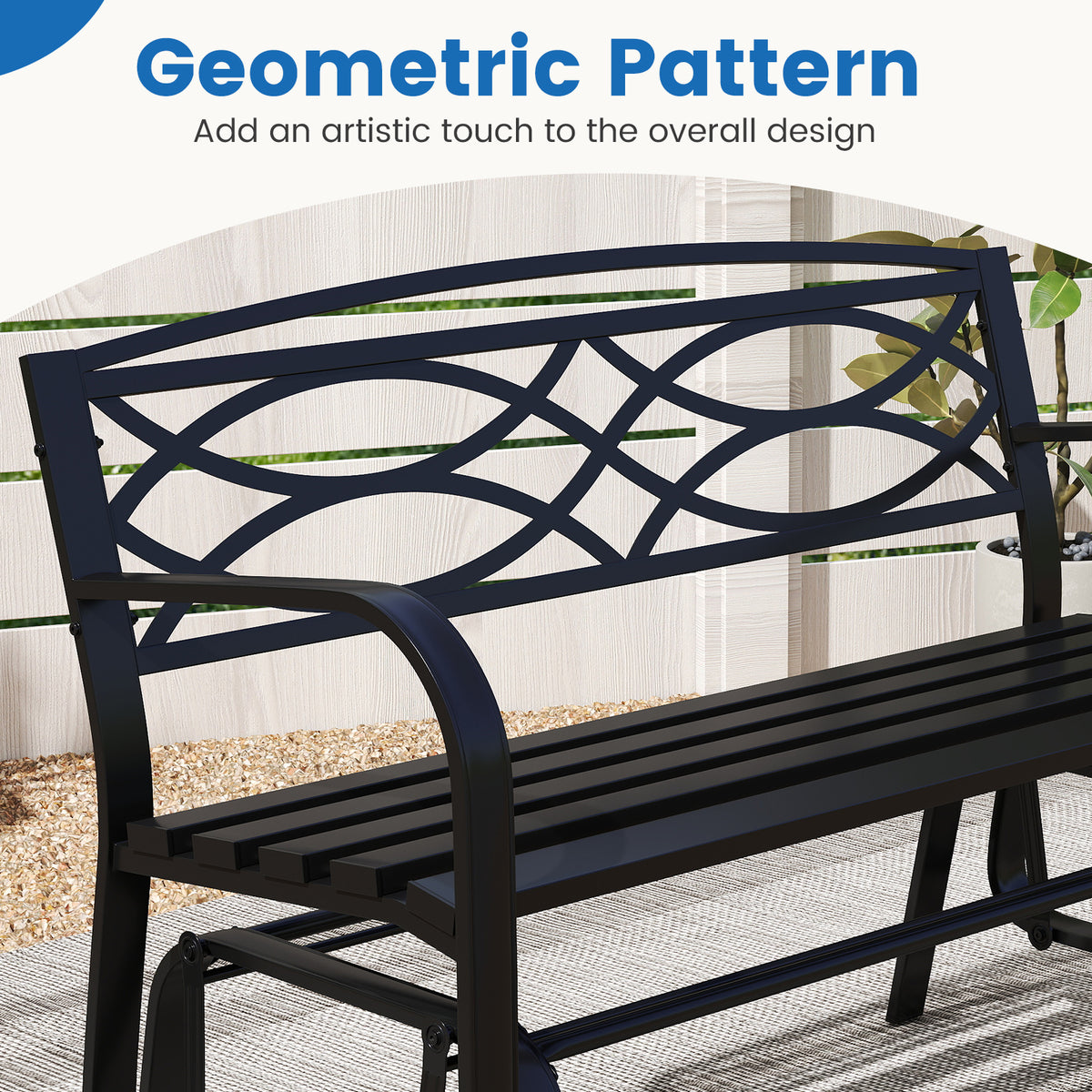 Patio Rocking Loveseat Chair with Metal Frame, Armrests, Geometric Backrest and Slatted Seat for Porch