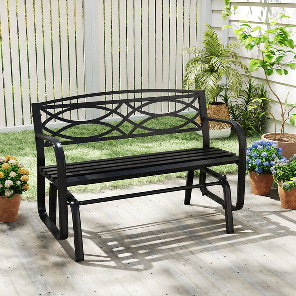 Patio Rocking Loveseat Chair with Metal Frame, Armrests, Geometric Backrest and Slatted Seat for Porch