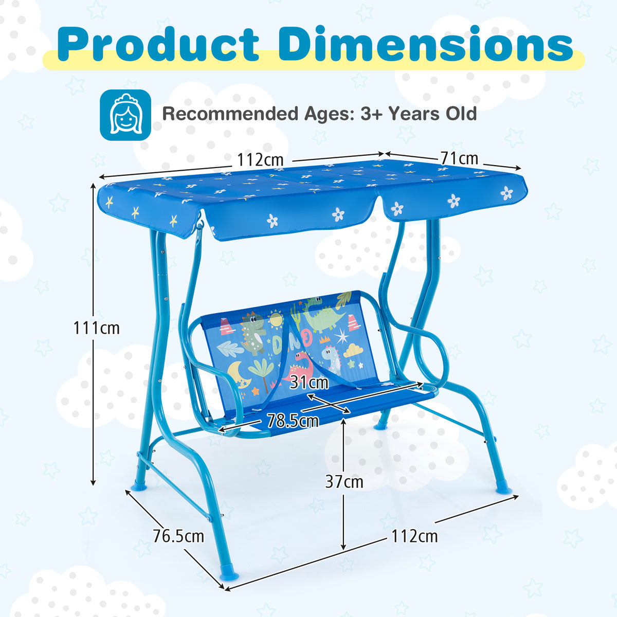 2-Seater Kids Porch Swing, Hanging Patio Swing Bench with Adjustable Tilt Canopy