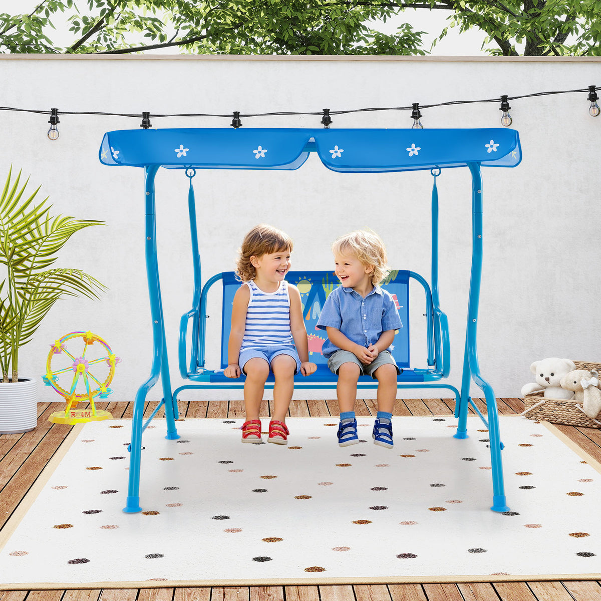 2-Seater Kids Porch Swing, Hanging Patio Swing Bench with Adjustable Tilt Canopy