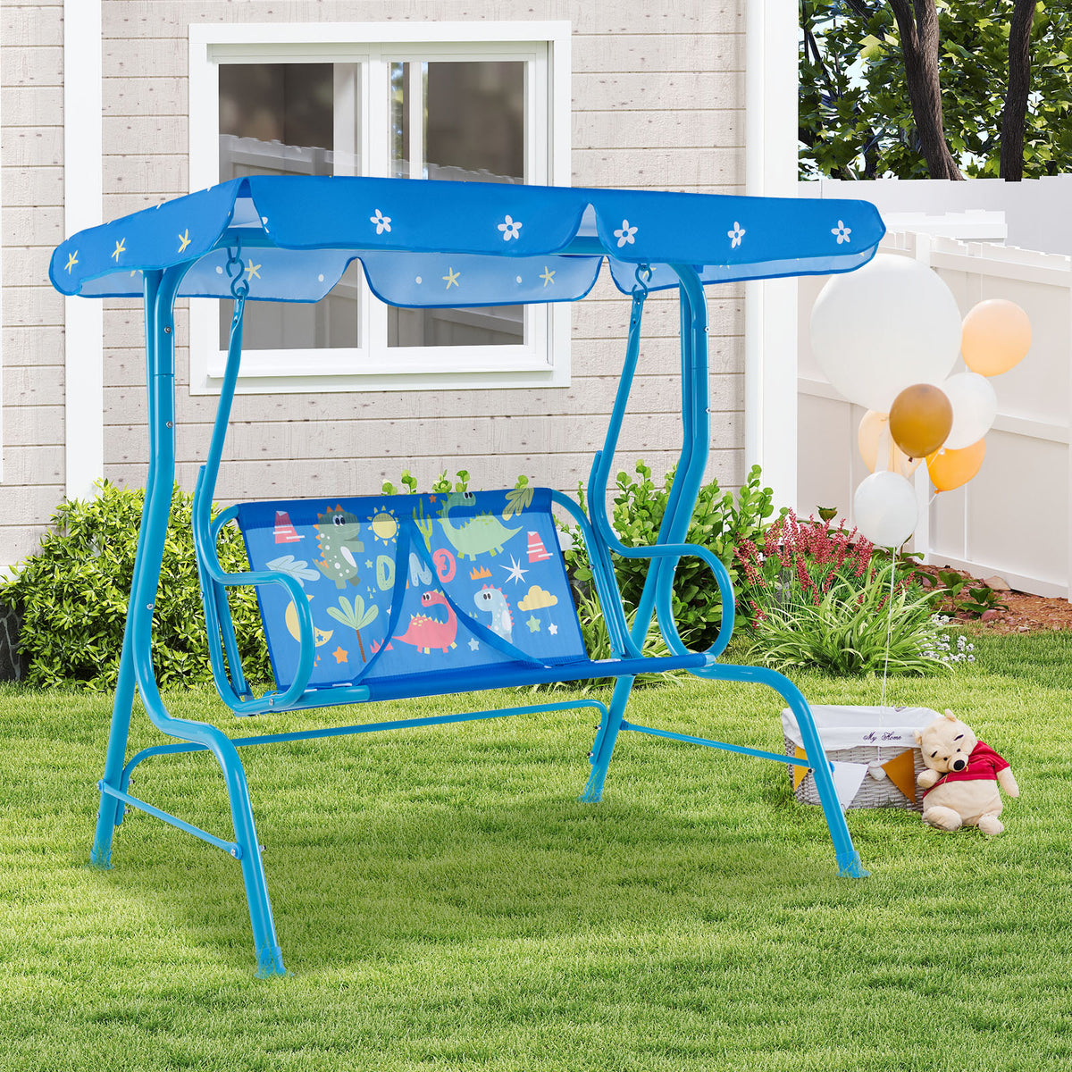 2-Seater Kids Porch Swing, Hanging Patio Swing Bench with Adjustable Tilt Canopy