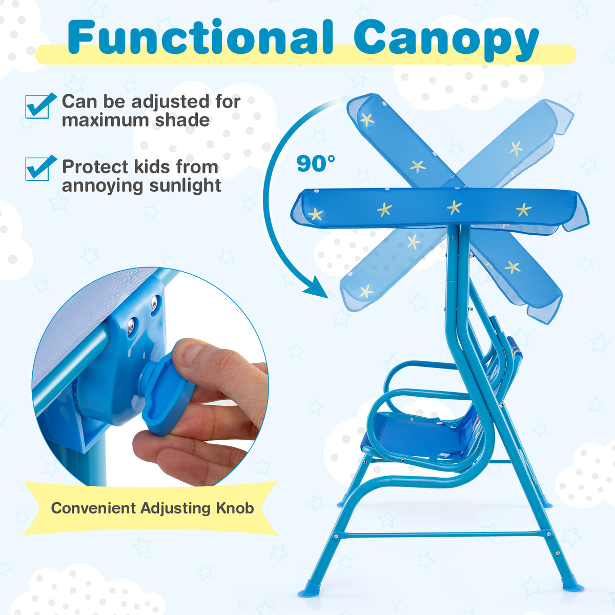 2-Seater Kids Porch Swing, Hanging Patio Swing Bench with Adjustable Tilt Canopy