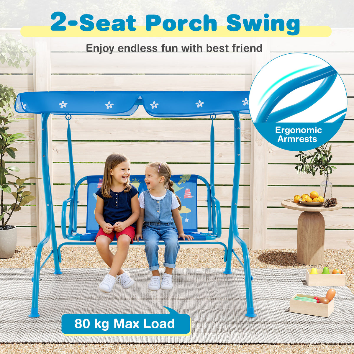 2-Seater Kids Porch Swing, Hanging Patio Swing Bench with Adjustable Tilt Canopy