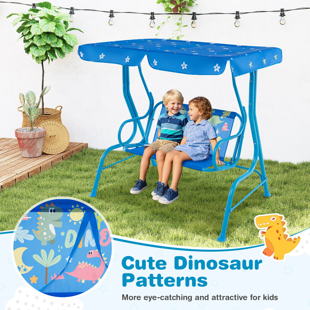 2-Seater Kids Porch Swing, Hanging Patio Swing Bench with Adjustable Tilt Canopy