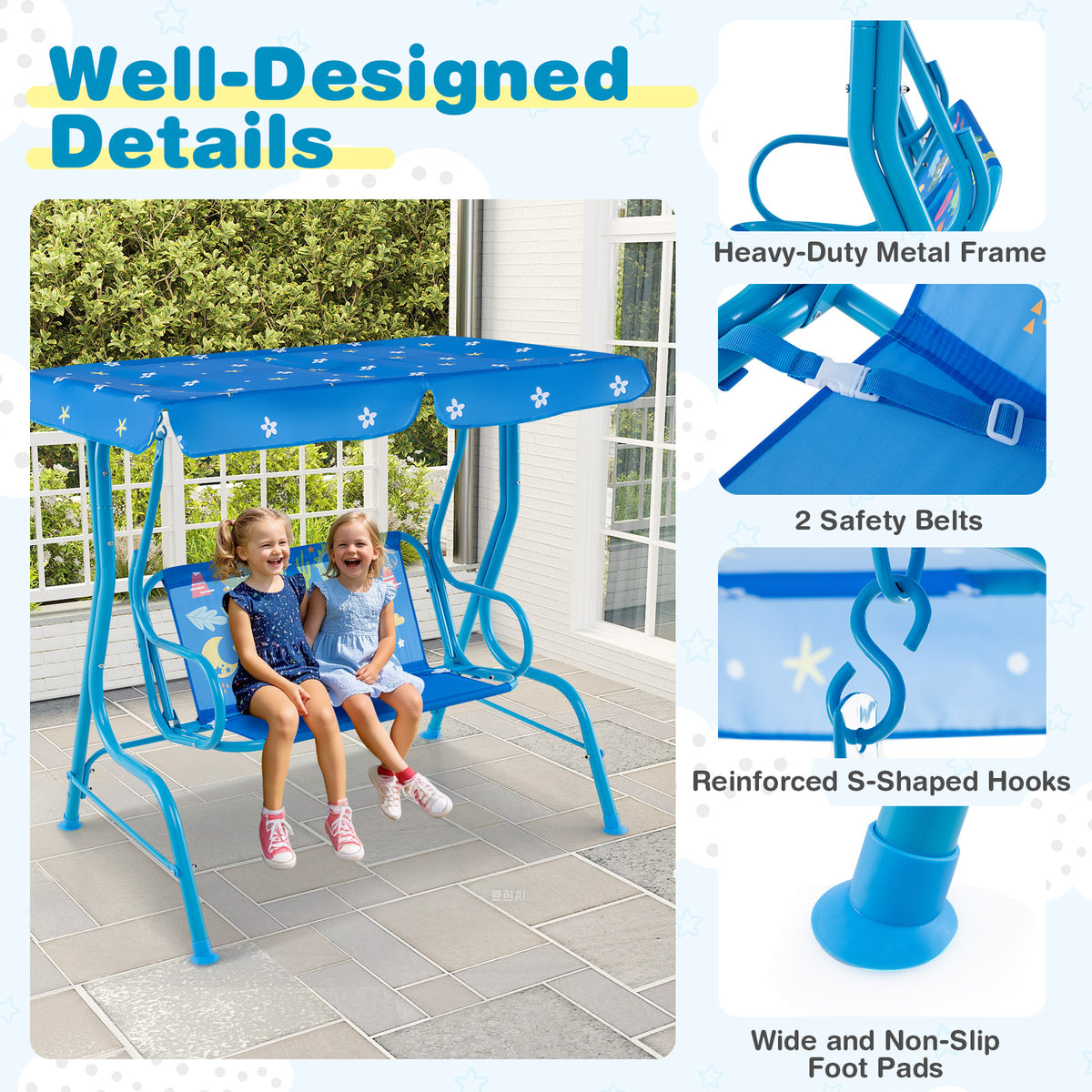 2-Seater Kids Porch Swing, Hanging Patio Swing Bench with Adjustable Tilt Canopy