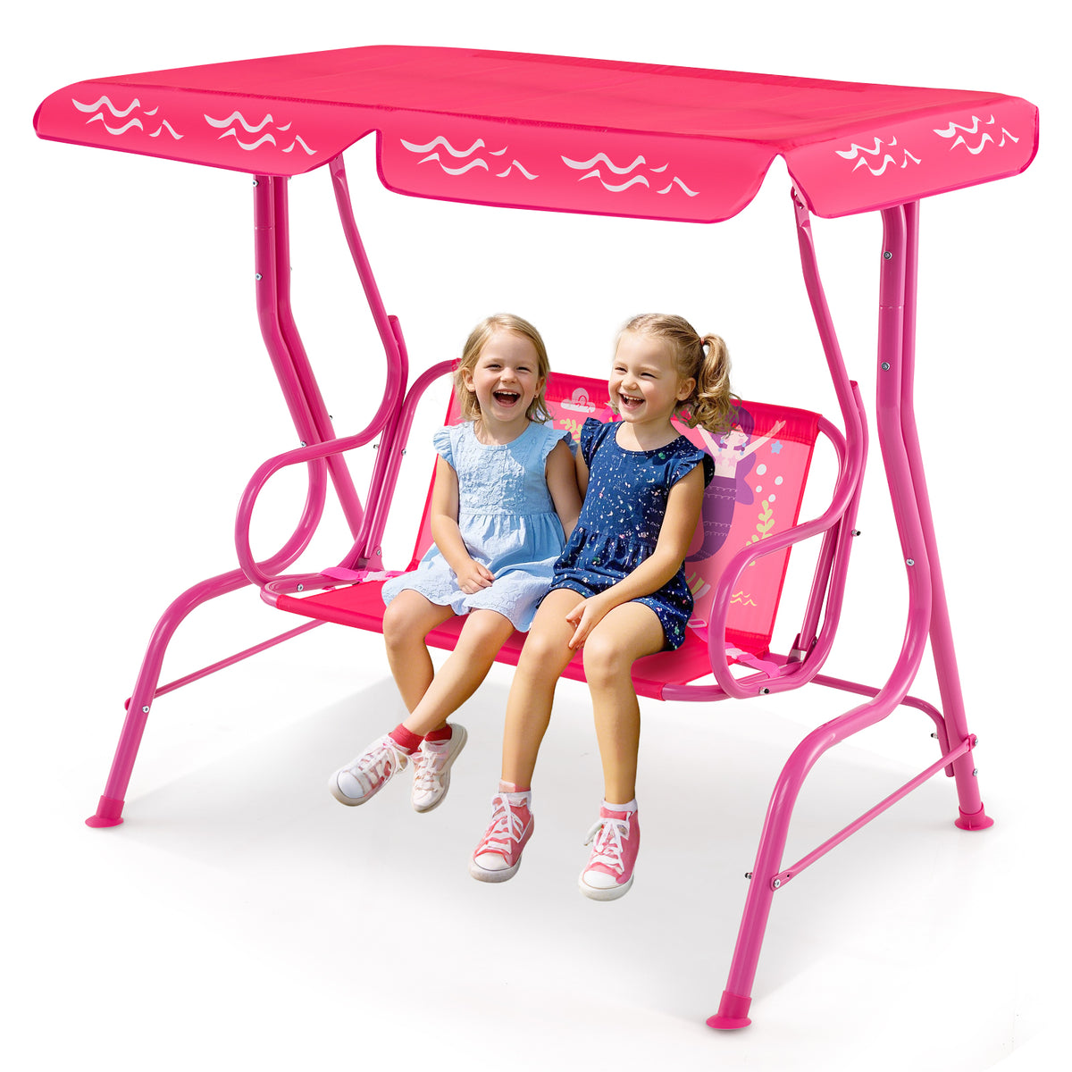 2-Seater Kids Porch Swing, Hanging Patio Swing Bench with Adjustable Tilt Canopy