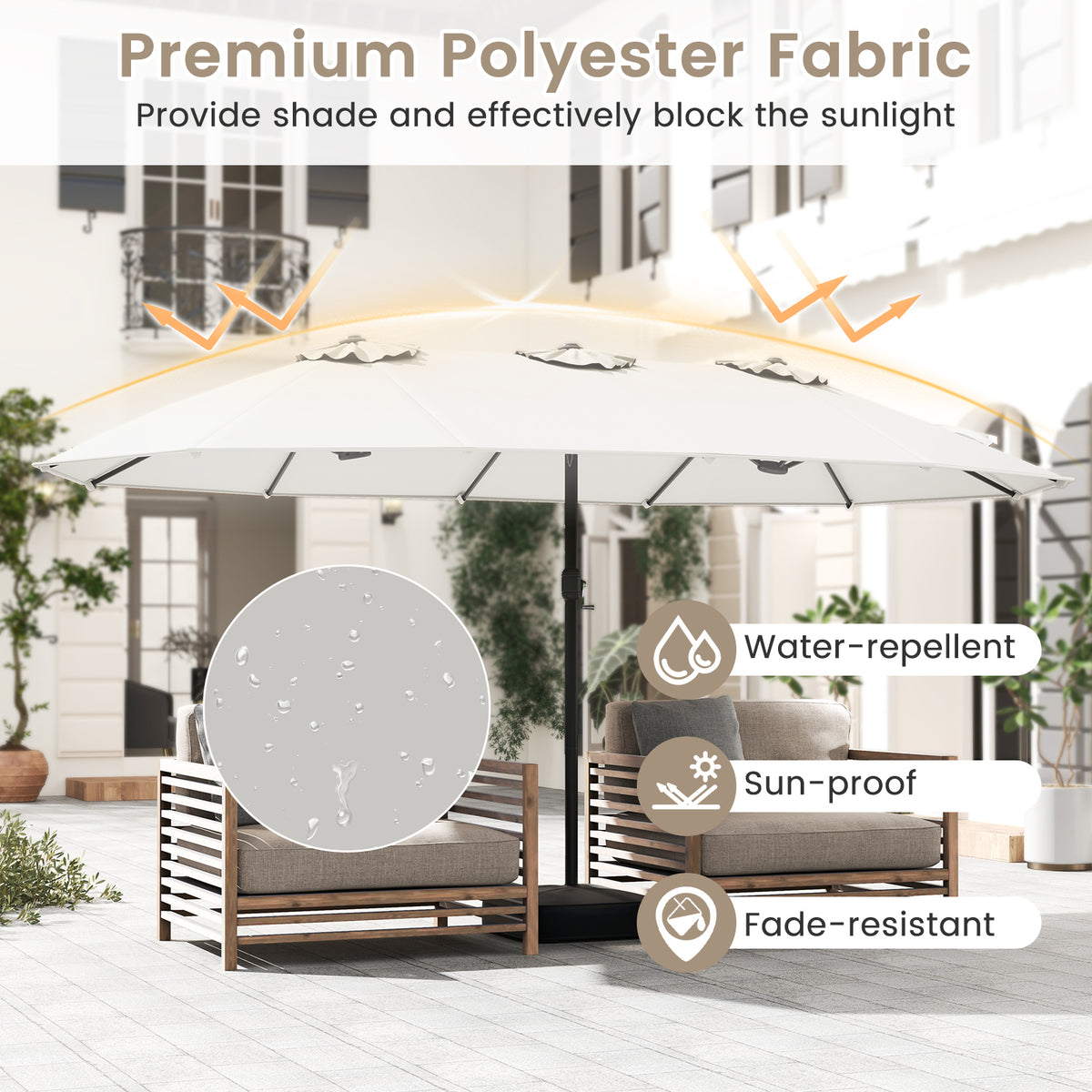 15FT Double-Sided Patio Umbrella, Ultra-Large Twin Garden Umbrella w/ 12-Rib Structure & Hand-Crank System