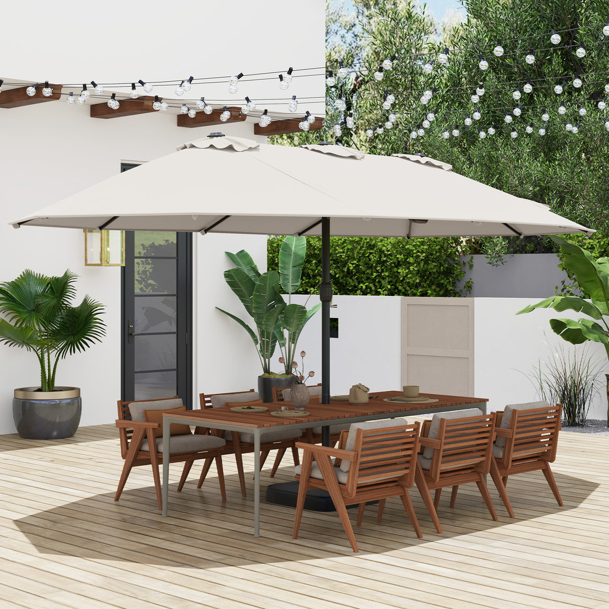 15FT Double-Sided Patio Umbrella, Ultra-Large Twin Garden Umbrella w/ 12-Rib Structure & Hand-Crank System