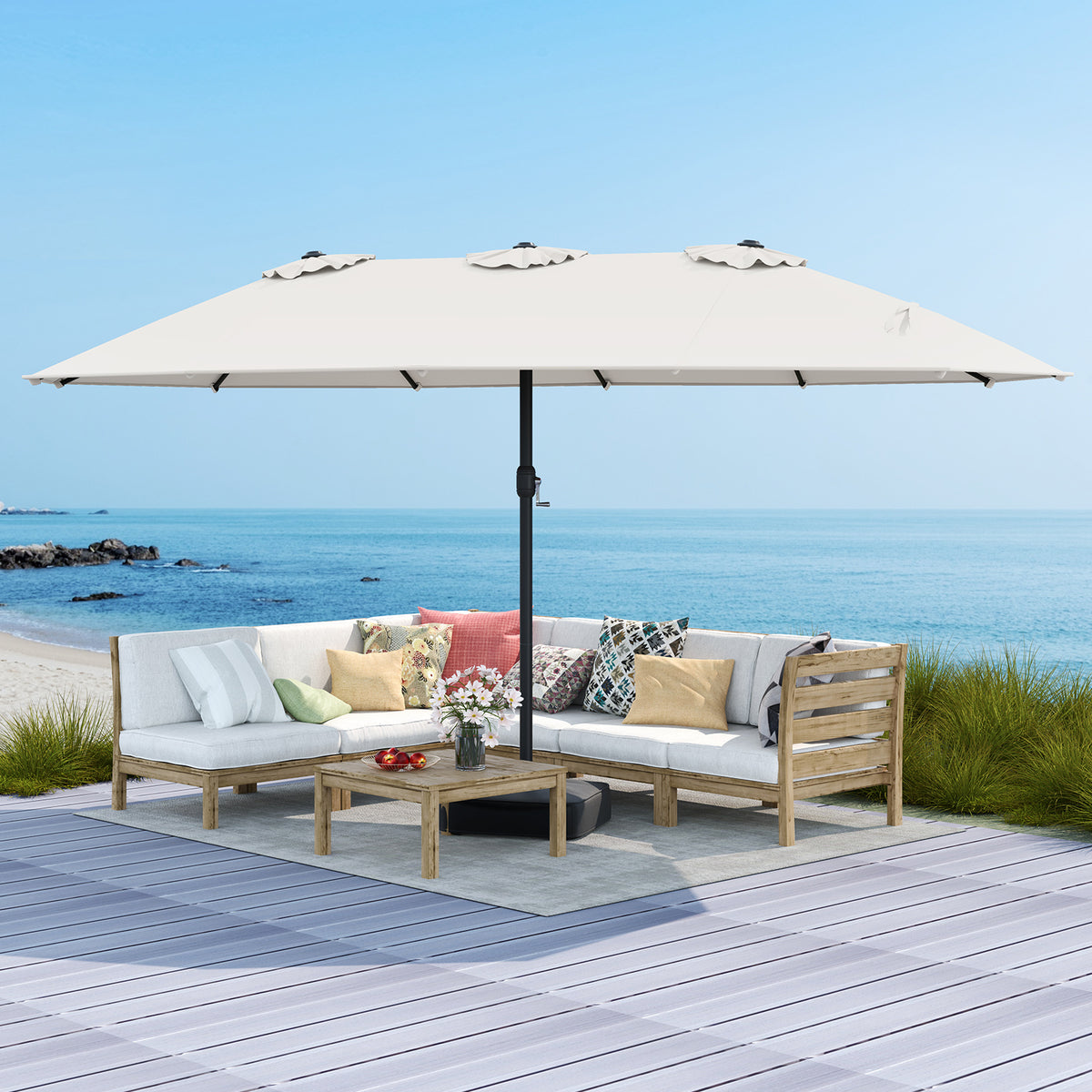 15FT Double-Sided Patio Umbrella, Ultra-Large Twin Garden Umbrella w/ 12-Rib Structure & Hand-Crank System