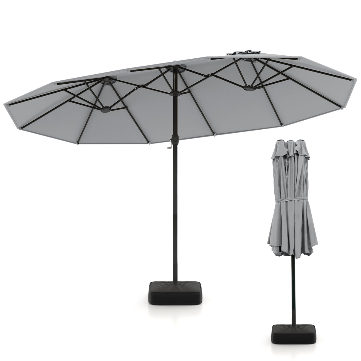 15FT Double-Sided Patio Umbrella, Ultra-Large Twin Garden Umbrella w/ 12-Rib Structure & Hand-Crank System