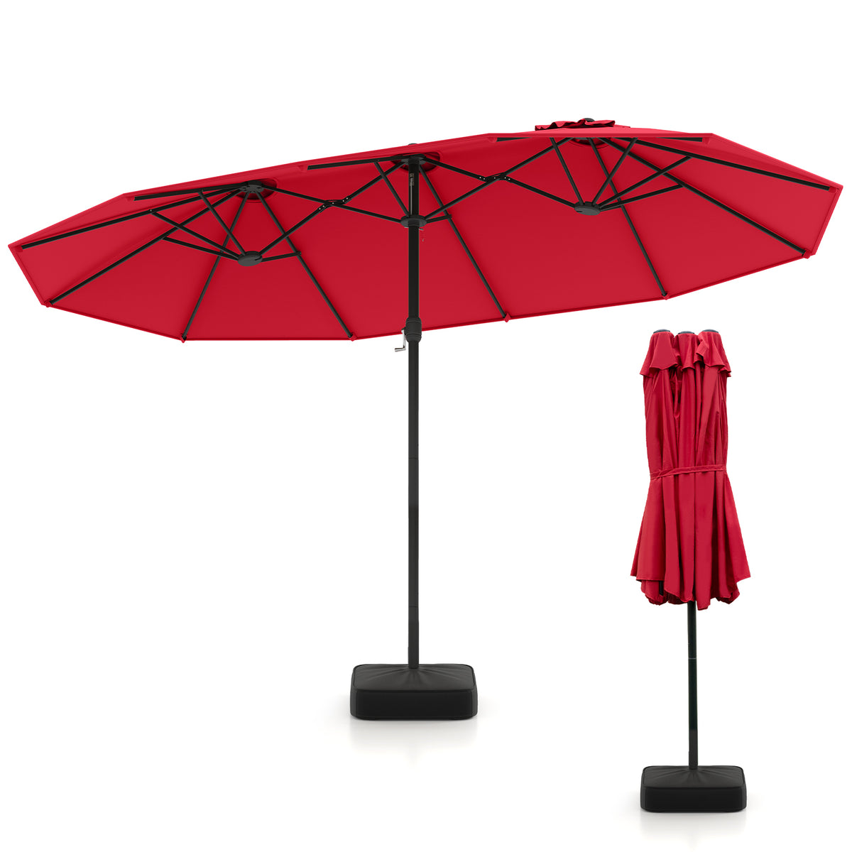 15FT Double-Sided Patio Umbrella, Ultra-Large Twin Garden Umbrella w/ 12-Rib Structure & Hand-Crank System