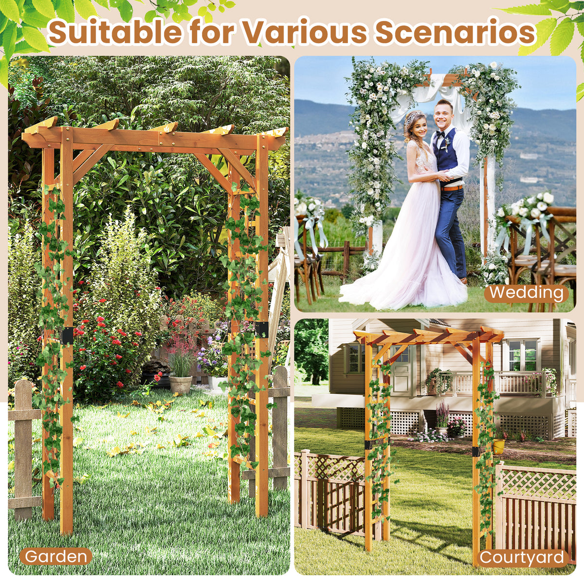 215 cm Garden Arch Wooden Arbor, Outdoor Wood Trellis for Climbing Plants