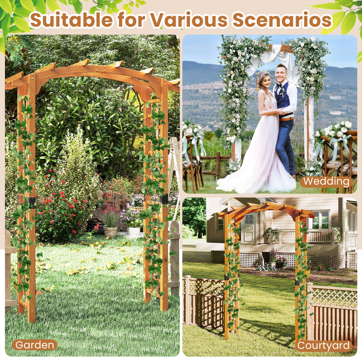 229 cm Garden Arch Wooden Arbor, Outdoor Wood Trellis for Climbing Plants