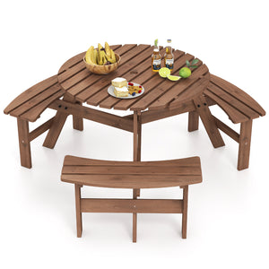 Round Picnic Table Set Patio Dining Camping Table w/ Built-in 3 Benches