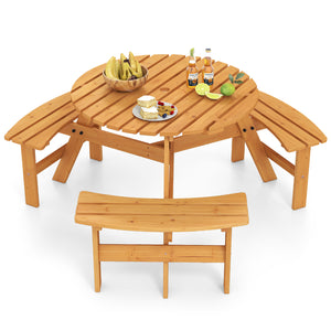 Round Picnic Table Set Patio Dining Camping Table w/ Built-in 3 Benches
