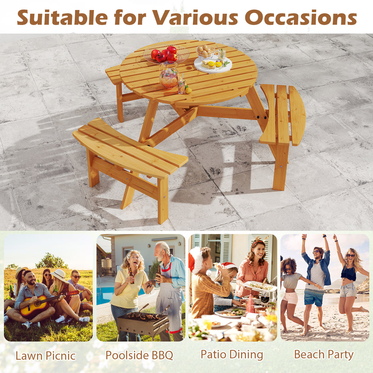 Round Picnic Table Set Patio Dining Camping Table w/ Built-in 3 Benches