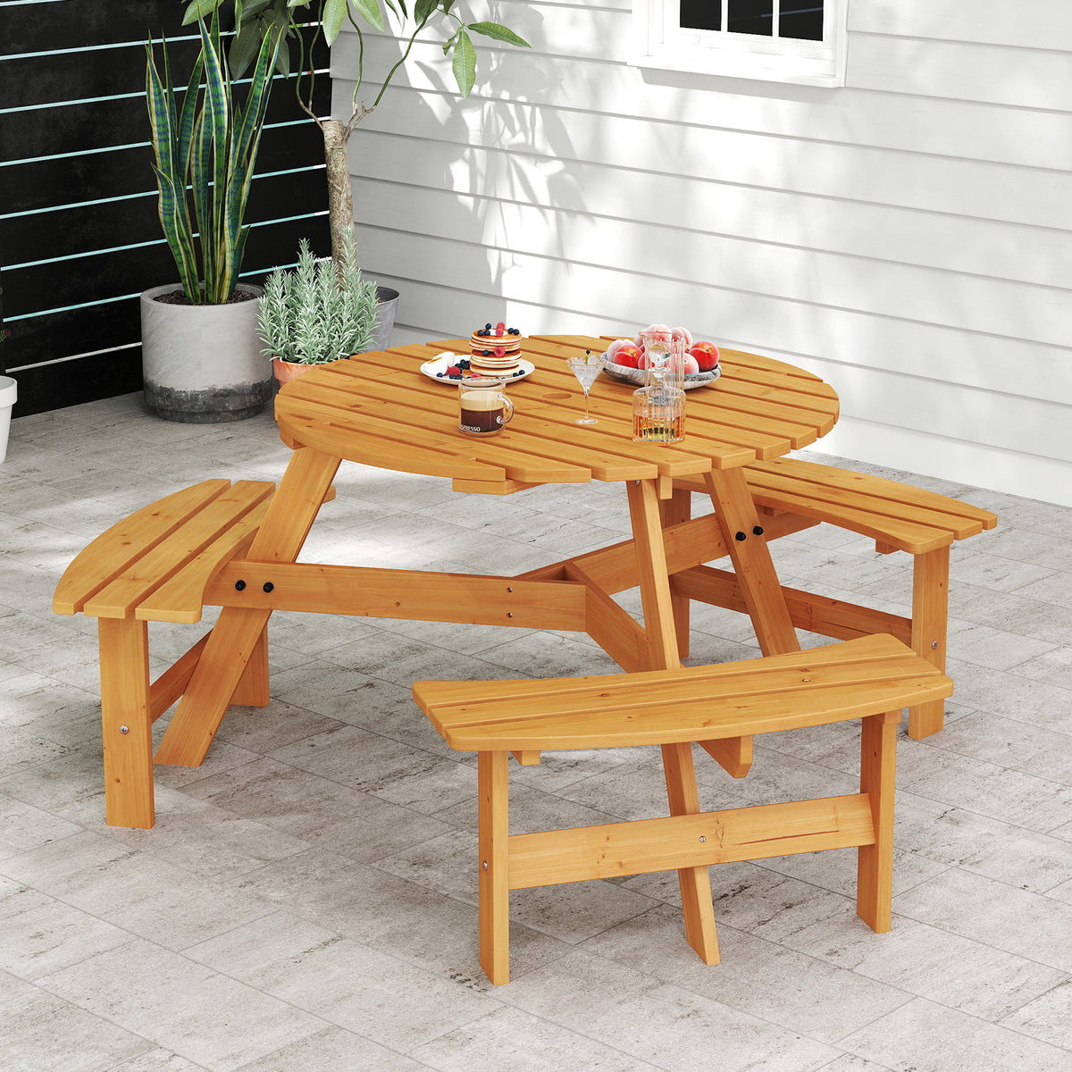 Round Picnic Table Set Patio Dining Camping Table w/ Built-in 3 Benches